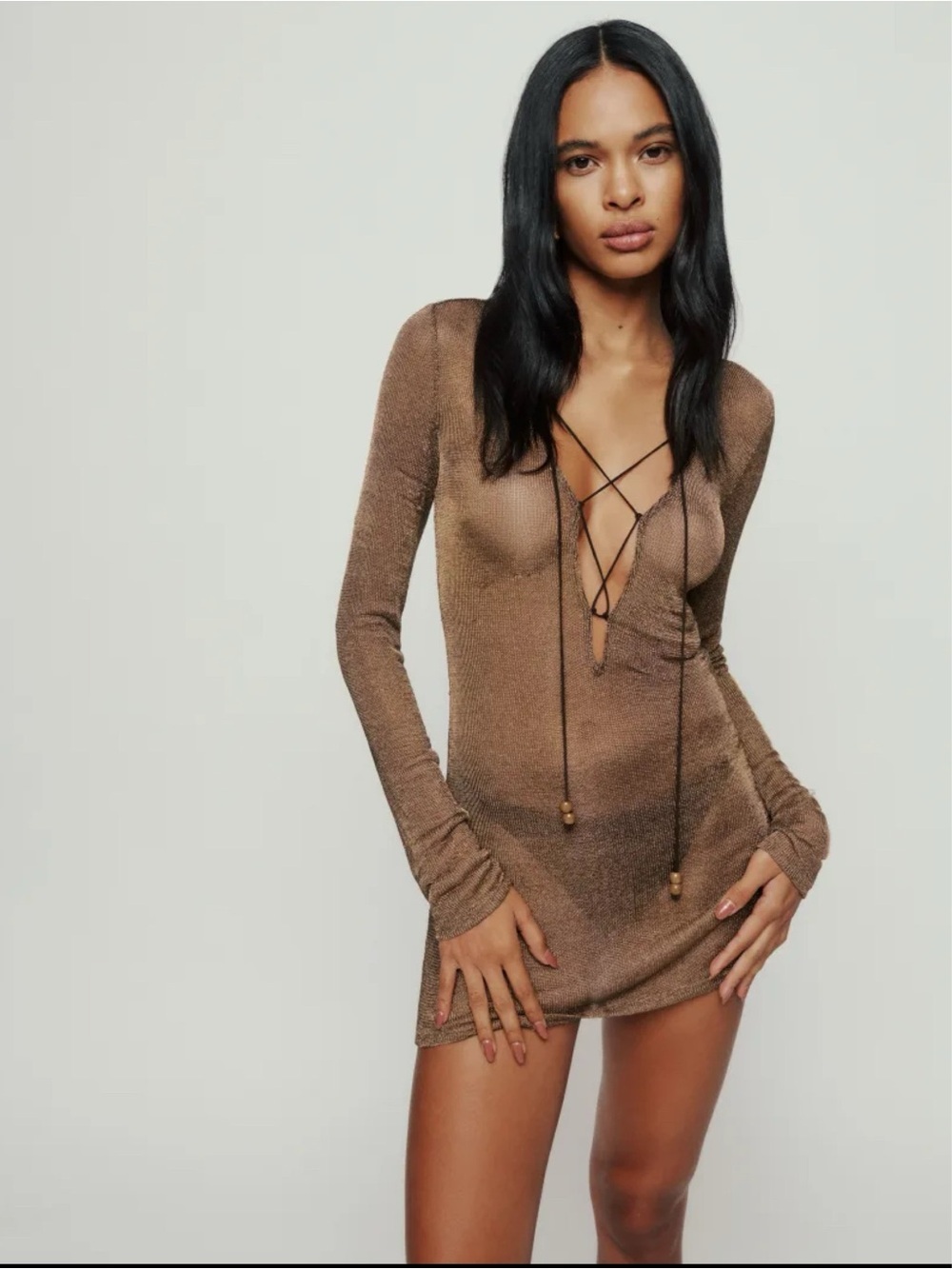 Reformation Ivanna Knit Sheer Dress Metallic Brown Small